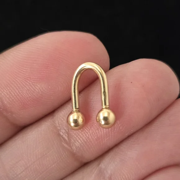 14k Gold YG Double Ball U-Shaped Ring For Belly Navel Ear - Picture 2 of 5